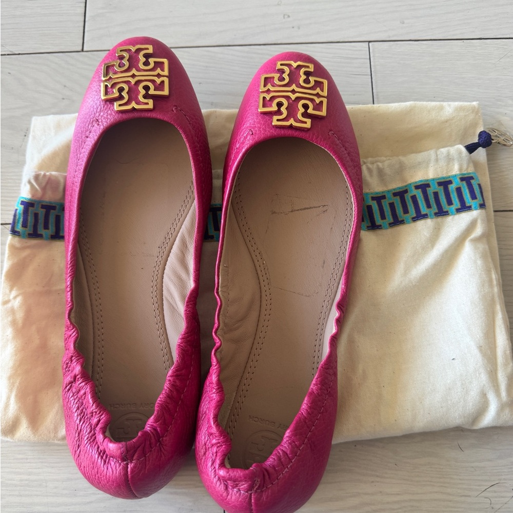 Tory Burch Fuchsia Flats with Gold Logo
